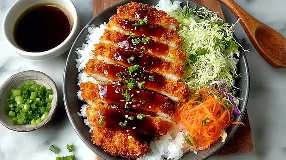Easy Homemade Chicken Katsu (Crispy Every Time) 1 Plate of homemade chicken katsu with dipping sauce and garnish.