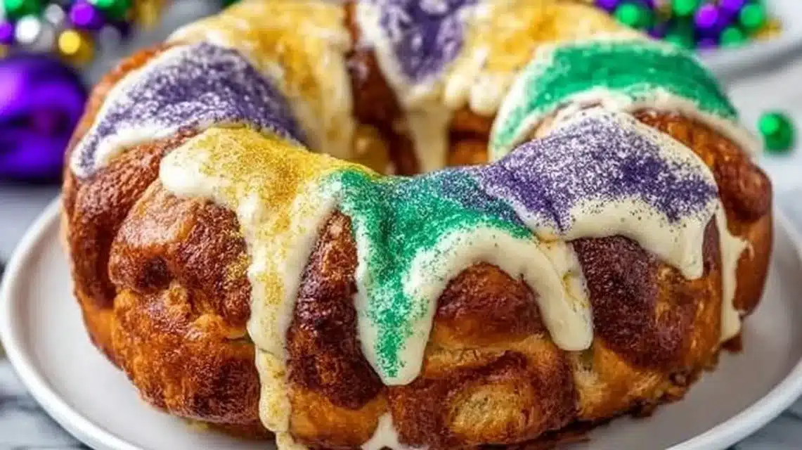 Colorful and festive easy King Cake for Mardi Gras celebration