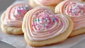 Delicious sugar cookie frosting on freshly baked sugar cookies