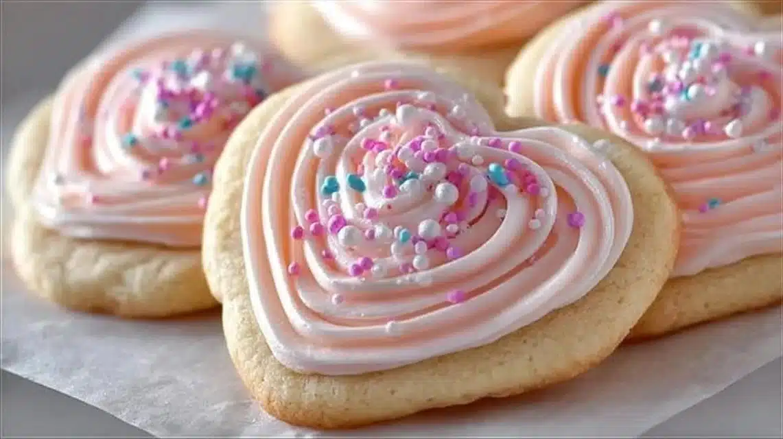 Delicious sugar cookie frosting on freshly baked sugar cookies