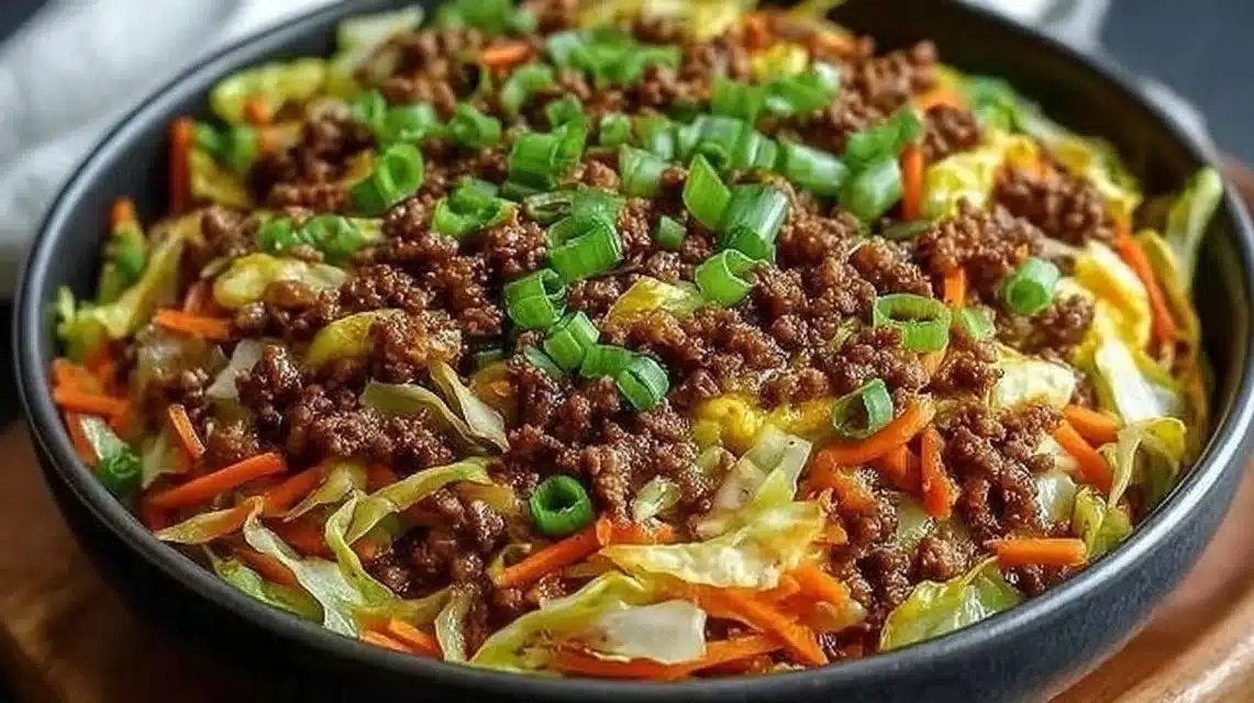 Easy Egg Roll in a Bowl (Better Than Takeout) 1 Delicious egg roll in a bowl dish garnished with green onions and sesame seeds.