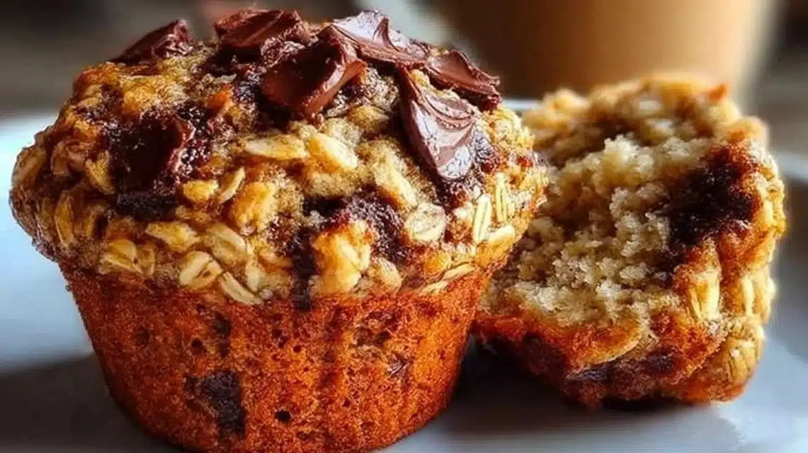 Delicious homemade oatmeal chocolate chip muffins on a wooden table.