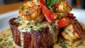 Filet Mignon topped with shrimp and lobster cream sauce
