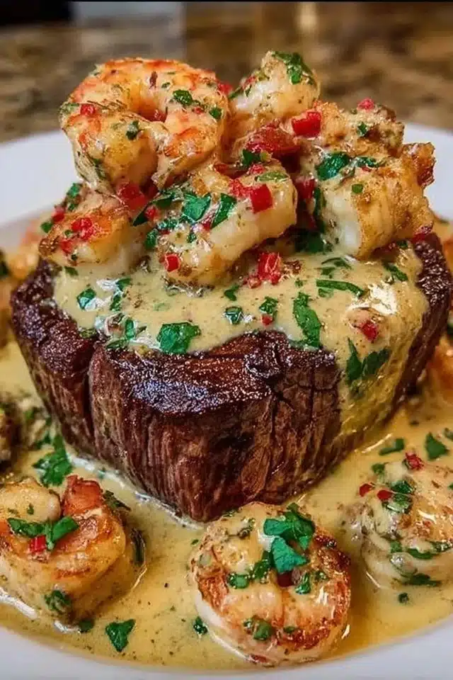 Filet Mignon with Shrimp and Lobster Cream Sauce delights!