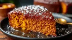 Flourless Sweet Potato Ginger Cake with a slice cut, showcasing its moist texture.