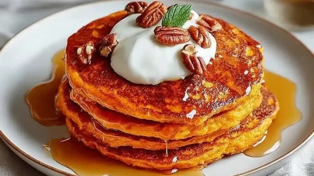Fluffy sweet potato pancakes served with syrup and fresh fruit