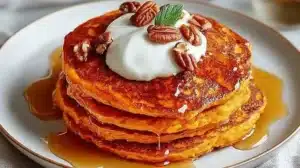 Fluffy Sweet Potato Pancakes (Easy Breakfast Idea) Fluffy sweet potato pancakes served with syrup and fresh fruit