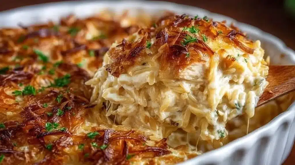 French Onion Chicken Orzo Casserole topped with cheese and crispy onions