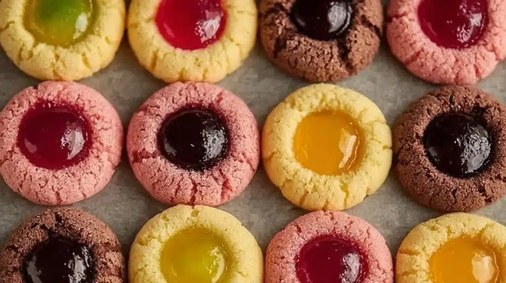 Fruity thumbprint cookies filled with vibrant fruit jams and topped with sprinkles