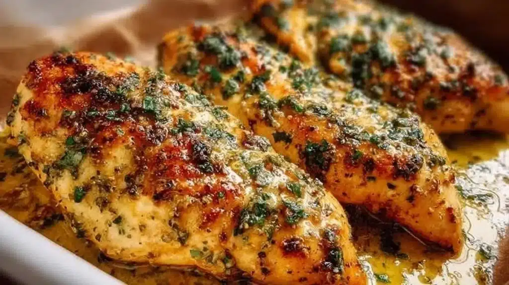 Garlic Butter Baked Chicken Breast served on a plate with herbs