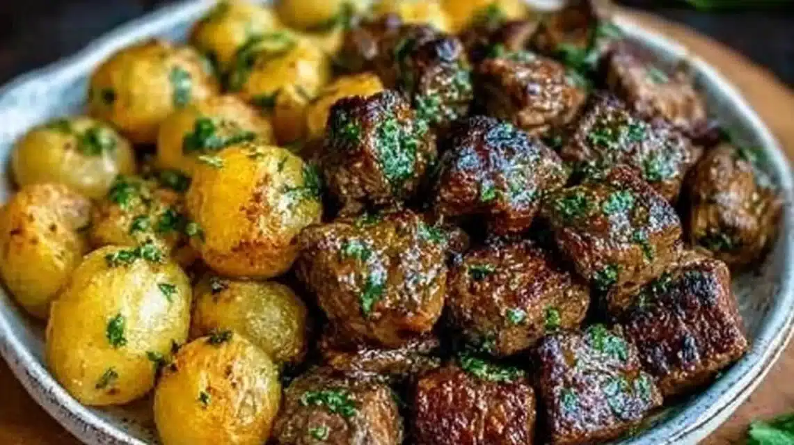 Garlic Butter Beef Bites with Potatoes Easy One Pan Dinner 1 Delicious Garlic Butter Beef Bites served with potatoes