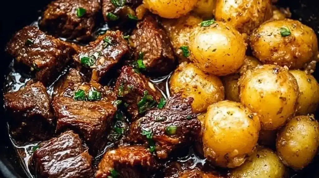 Garlic Butter Beef Bites with Potatoes served on a plate