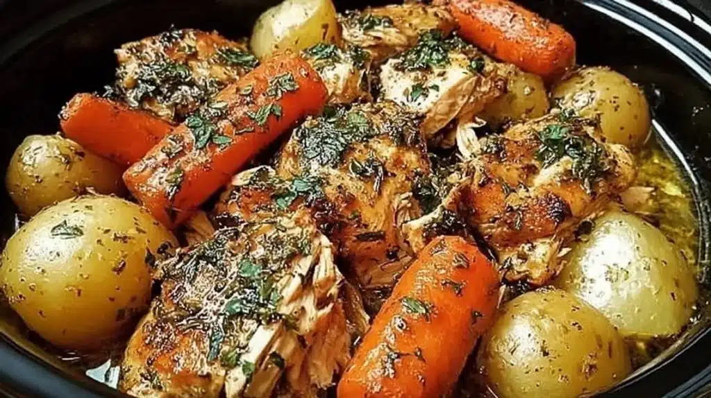 Garlic Butter Chicken Crockpot Recipe served with herbs and spices