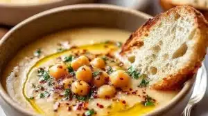 Bowl of delicious Garlic Chickpea Soup garnished with herbs