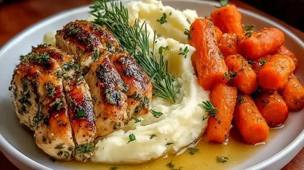 Plate of Garlic Herb Chicken served with mashed potatoes and glazed carrots.
