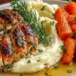 Plate of Garlic Herb Chicken served with mashed potatoes and glazed carrots.