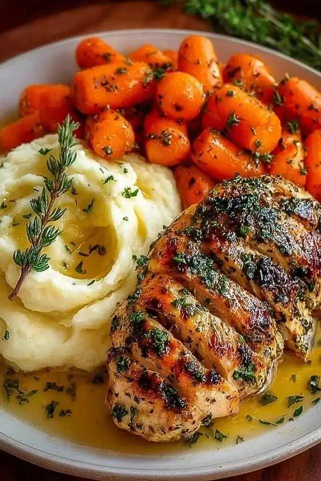 Garlic Herb Chicken with Mashed Potatoes and Glazed Carrots