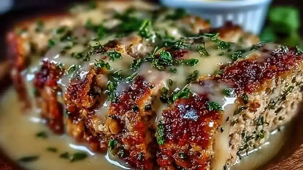 Delicious Garlic Parmesan Chicken Meatloaf slice on a plate