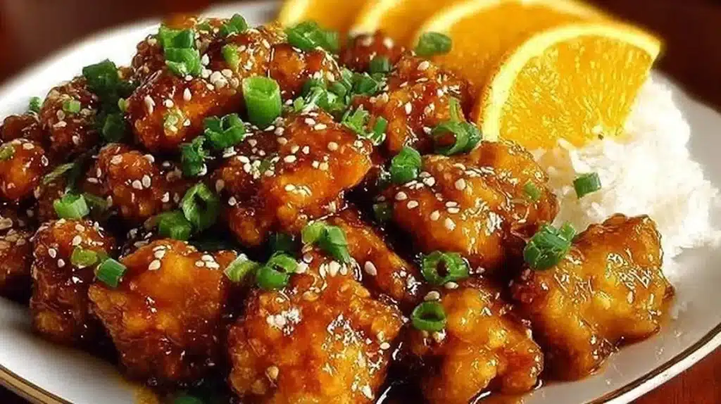 Plate of gluten-free orange chicken with vibrant orange glaze and vegetables.