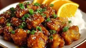 Plate of gluten-free orange chicken with vibrant orange glaze and vegetables.