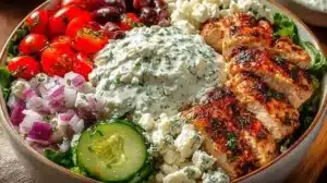 Delicious Greek Chicken Bowl with grilled chicken, vegetables, and tzatziki sauce
