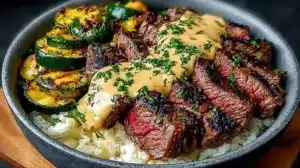 Delicious grilled steak bowl with sauce and zucchini on a plate.