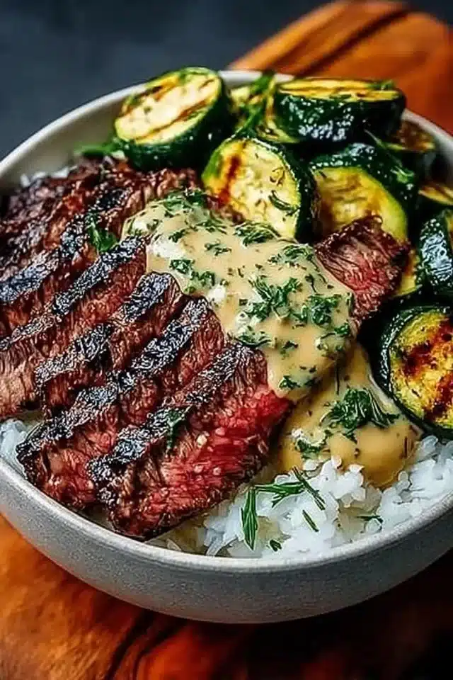 Easy Grilled Steak Bowl with Sauce and Grilled Zucchini 2 Grilled Steak Bowl with Sauce & Grilled Zucchini Bliss