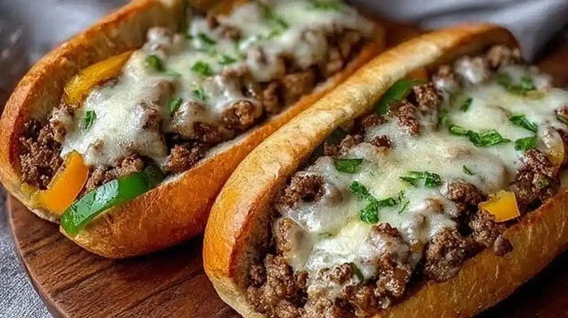 Ground Beef Philly Cheesesteaks served with melted cheese and peppers