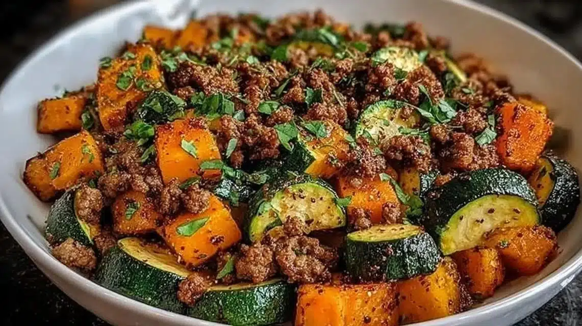 Ground beef zucchini sweet potato skillet in a frying pan