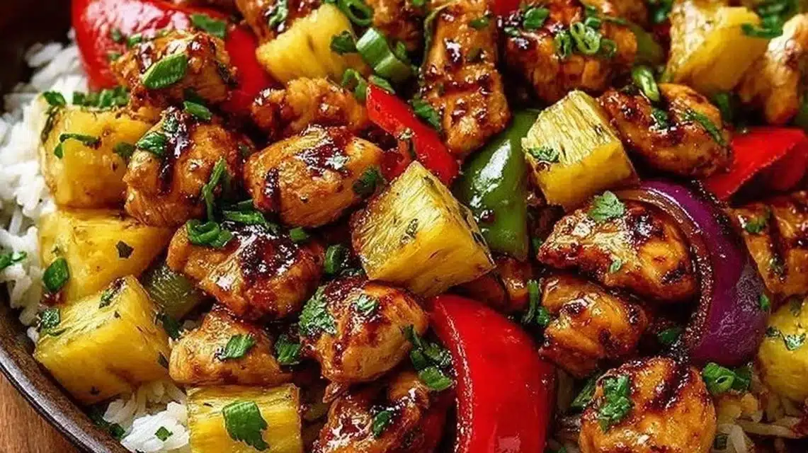 Delicious Hawaiian chicken sheet pan dinner with vibrant veggies.