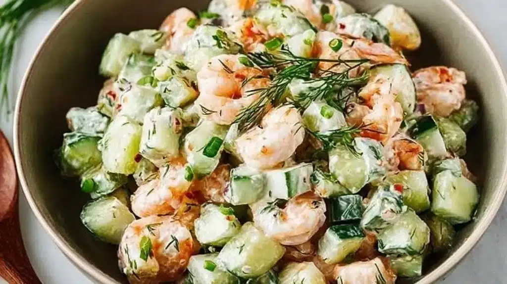 Healthy cucumber shrimp salad with fresh ingredients in a bowl