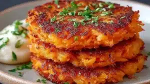 Healthy Sweet Potato Hash Browns served on a plate with herbs.