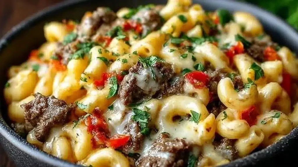Creamy Philly cheesesteak mac and cheese topped with fresh ingredients