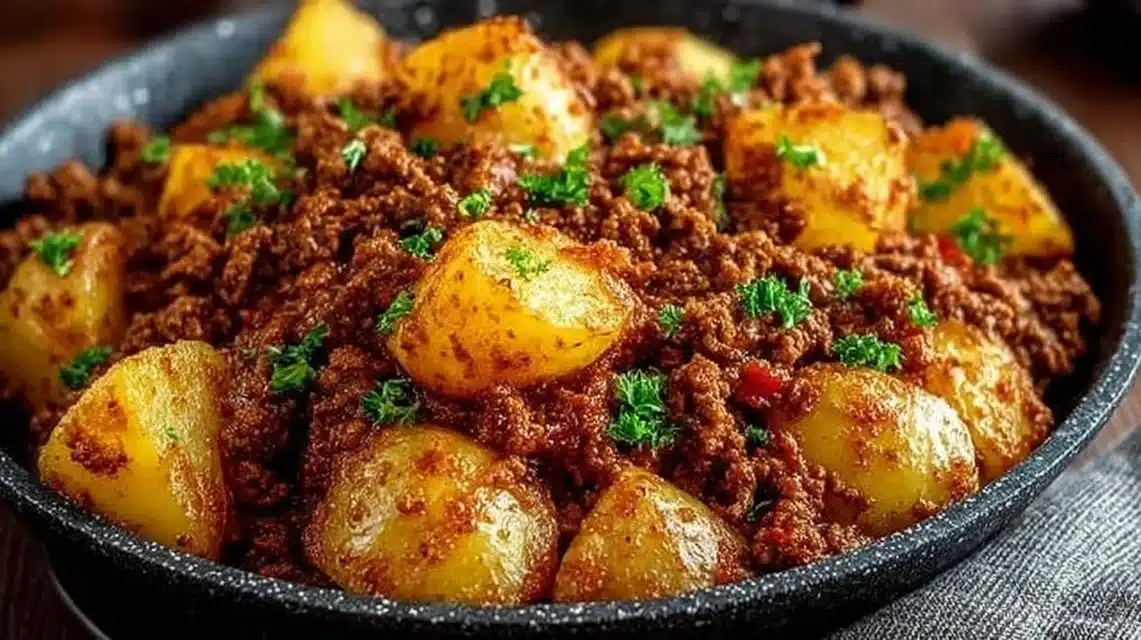 Easy High Protein Ground Beef with Potatoes Recipe (30 Minutes) 1 High protein ground beef with potatoes dish ready to serve.