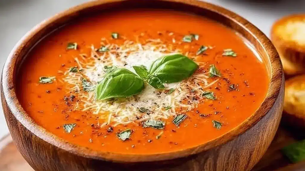 High protein tomato soup garnished with fresh herbs in a bowl