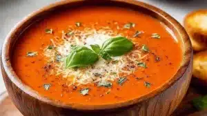 High protein tomato soup garnished with fresh herbs in a bowl