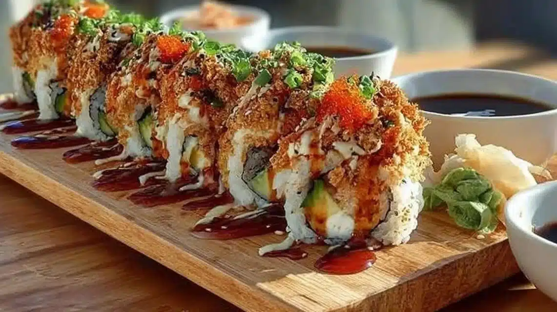 Homemade California Crunch Roll Sushi : Crispy, Crunchy, Easy 1 Homemade California Crunch Roll sushi served on a plate with vibrant ingredients.