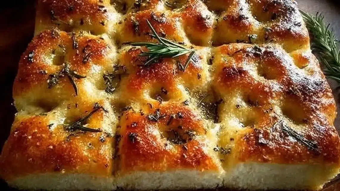 Homemade focaccia bread topped with herbs and olive oil
