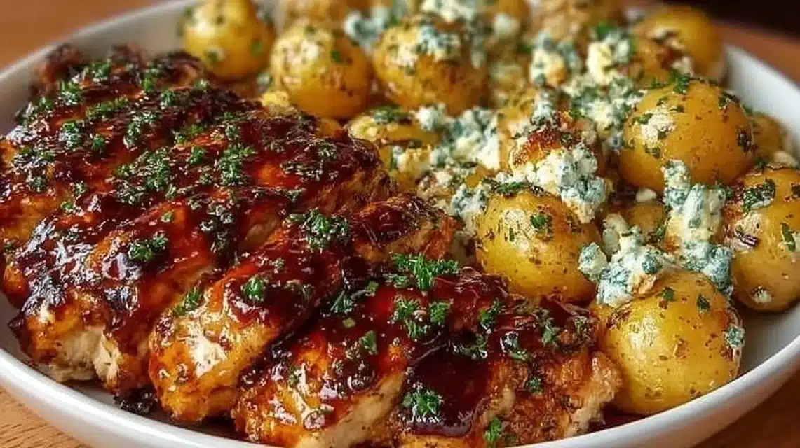 Honey BBQ Chicken served with Garlic Parmesan Potatoes on a white plate.