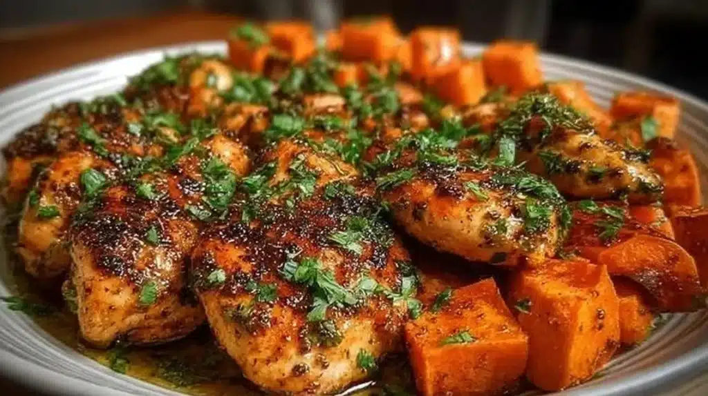 Honey Garlic Chicken served with roasted sweet potatoes on a plate