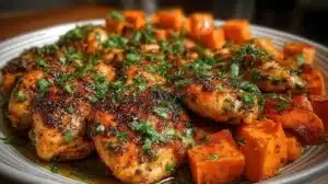 Honey Garlic Chicken with Sweet Potatoes (Easy One-Pan Dinner) Honey Garlic Chicken served with roasted sweet potatoes on a plate
