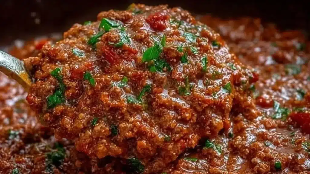 Delicious homemade Bolognese sauce simmering in a pot