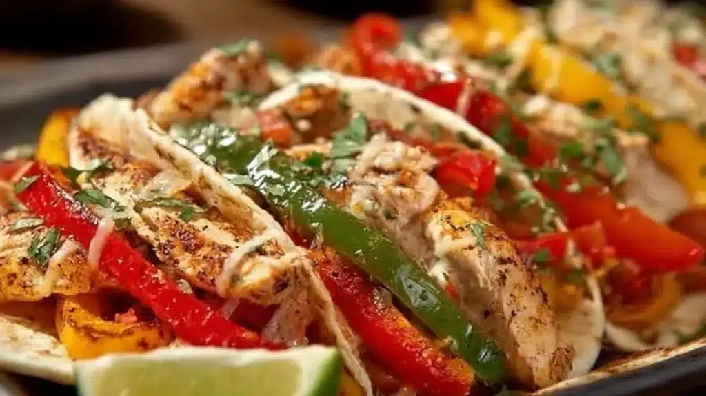 Instant Pot chicken fajitas served with colorful bell peppers and tortillas