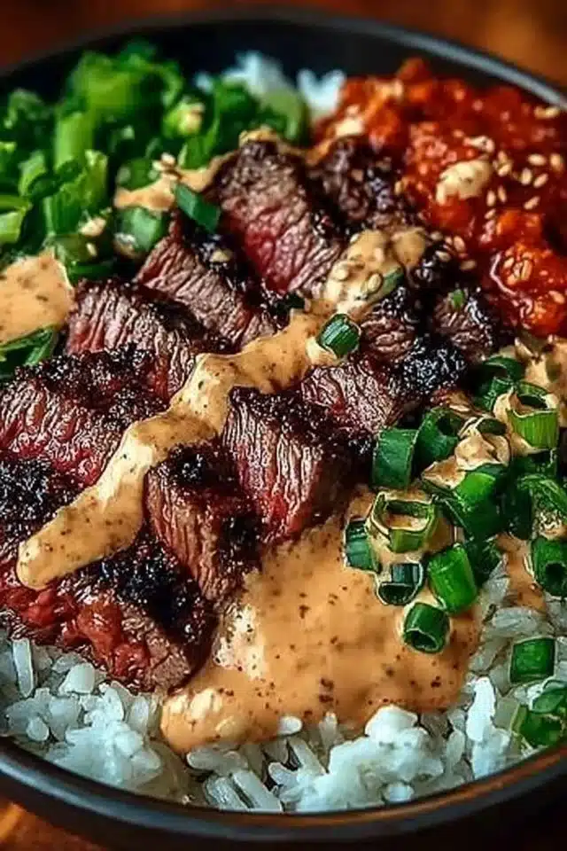 Korean BBQ Steak Rice Bowls (Better Than Takeout) 2 Irresistibly Easy Korean BBQ Steak Rice Bowls with Spicy Cream Sauce