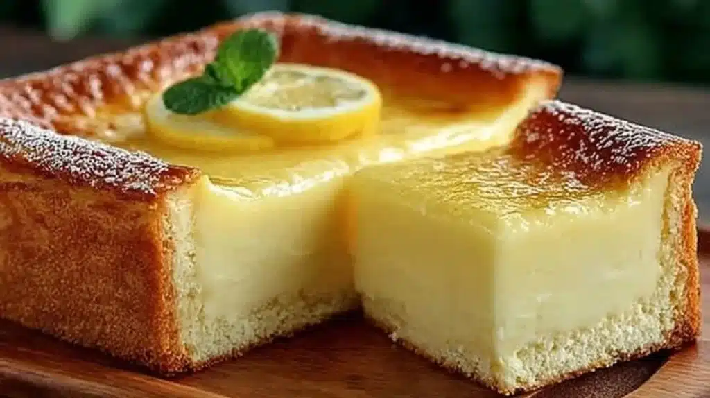 Slice of Italian Grandma's lemon custard cake with lemon zest on top