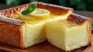 Italian Grandma’s Lemon Custard Cake (Easy Lemon Dessert) Slice of Italian Grandma's lemon custard cake with lemon zest on top