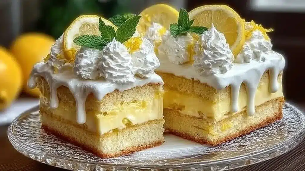 Slice of Italian lemon cream cake topped with fresh lemon zest and cream.