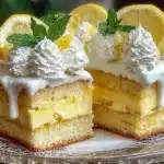 Slice of Italian lemon cream cake topped with fresh lemon zest and cream.