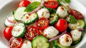 Juicy Cucumber Caprese Salad (Fresh, Easy, and Delicious) Refreshing Cucumber Caprese Salad with juicy tomatoes and mozzarella