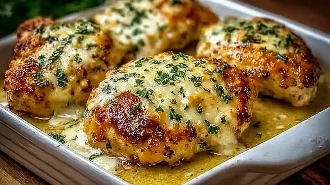 Keto Garlic Parmesan Chicken (Creamy, Juicy, and Easy) 1 Plate of Keto Garlic Parmesan Chicken garnished with herbs